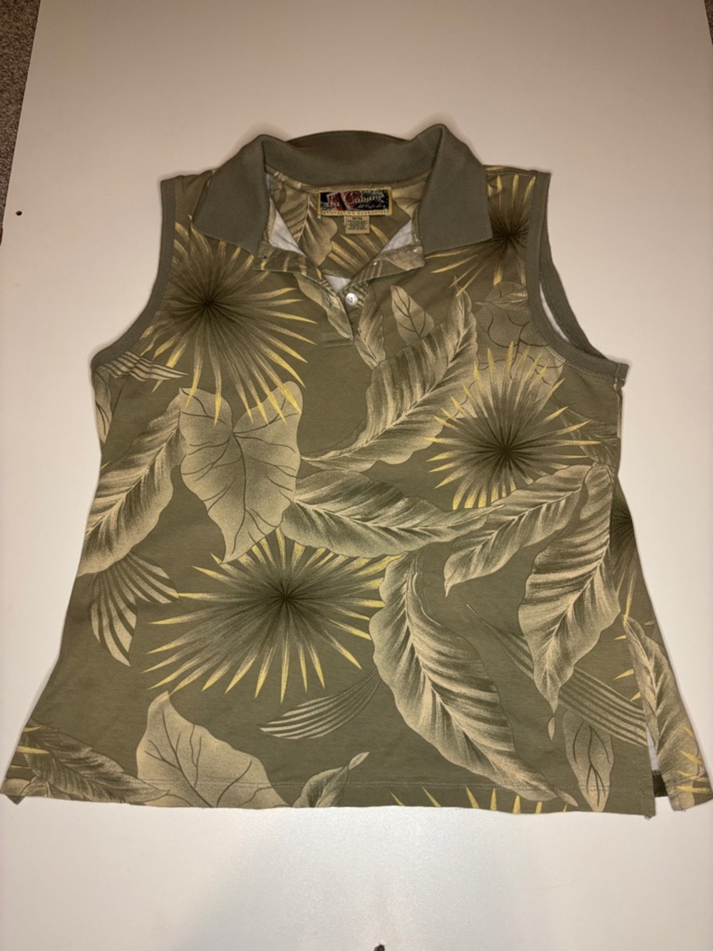 La Cabana Sleeveless Olive Green Floral Polo Tank Top